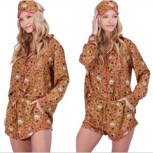 NEW Plush Apparel 3 piece Satin Pajama & Eye Mask Set Florals and Animal Print